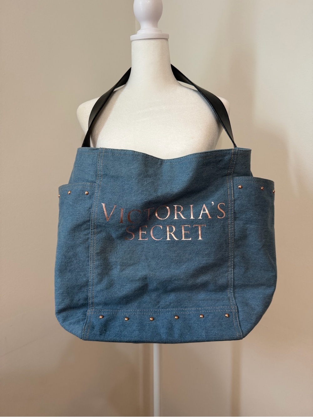 Victoria's Secret Denim Blue Canvas Tote with Black Straps